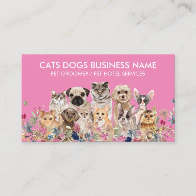 Tarjeta De Visita Gatos de flores rosadas Perros Mascota Groomer (Anverso)
