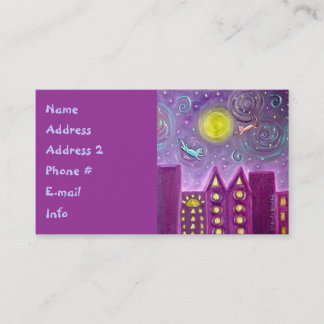 Tarjeta De Visita Gatos vuelan sobre una ciudad morada deco