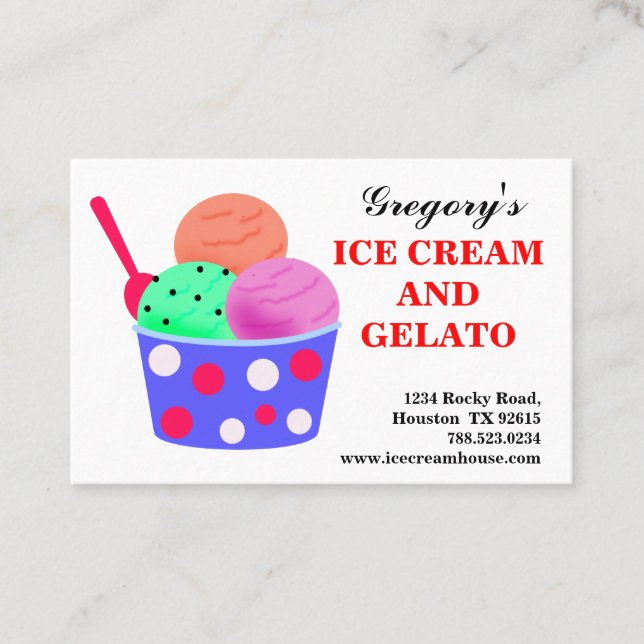 Tarjeta De Visita Gelato de helado rojo azul rosa verde (Anverso)