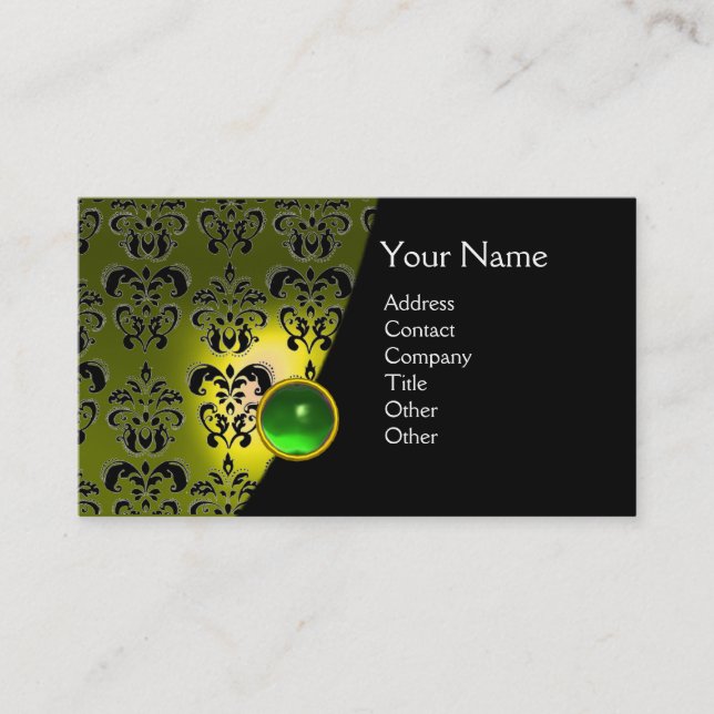 Tarjeta De Visita GEM DAMASK MONOGRAM Esmeralda verde amarillo (Anverso)