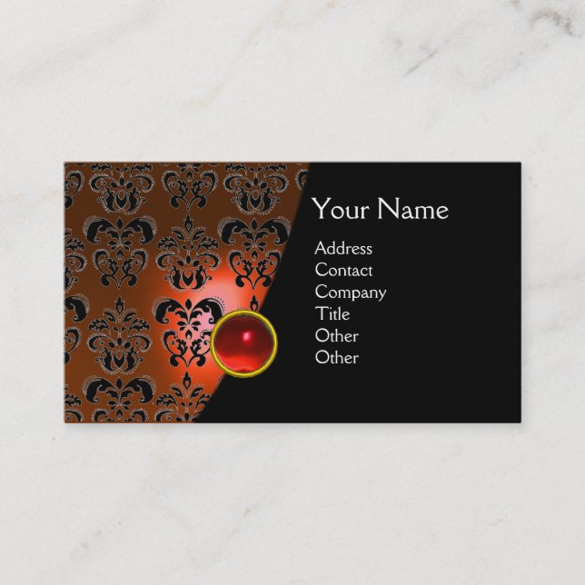 Tarjeta De Visita GEM DAMASK MONOGRAM naranja rubí rojo (Anverso)