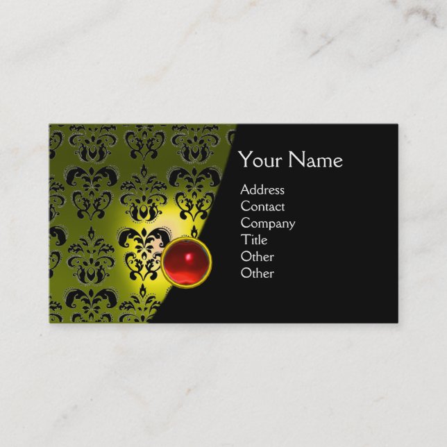 Tarjeta De Visita GEM DAMASK MONOGRAM rubí rojo amarillo (Anverso)