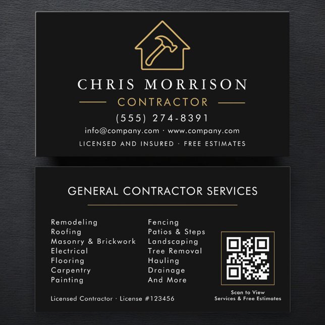 Tarjeta De Visita General Construction Black Gold QR Code (Subido por el creador)