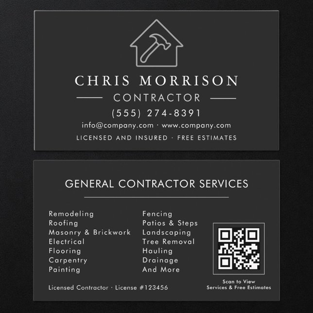Tarjeta De Visita General Construction Black Silver QR Code (Subido por el creador)