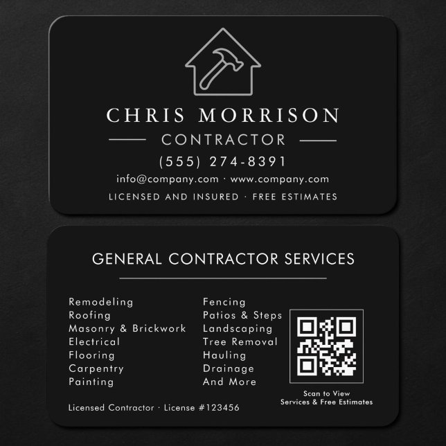 Tarjeta De Visita General Construction Contractor QR Code Black (Subido por el creador)
