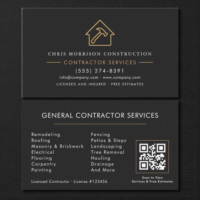 Tarjeta De Visita General Contractor Black Gold QR Code (Subido por el creador)