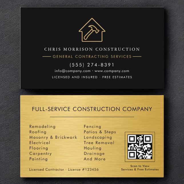 Tarjeta De Visita General Contractor Metallic Gold & Black QR Code (Subido por el creador)