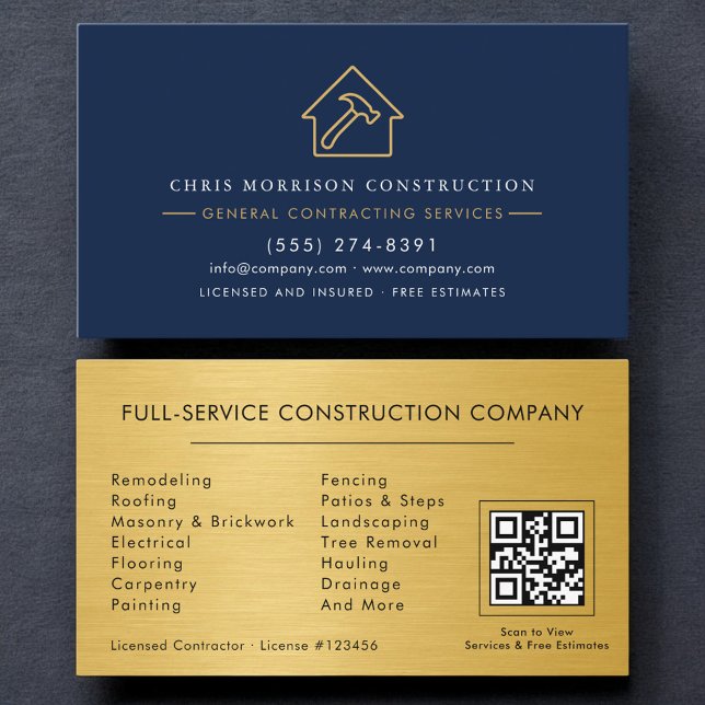 Tarjeta De Visita General Contractor Metallic Gold Navy Blue QR Code (Subido por el creador)