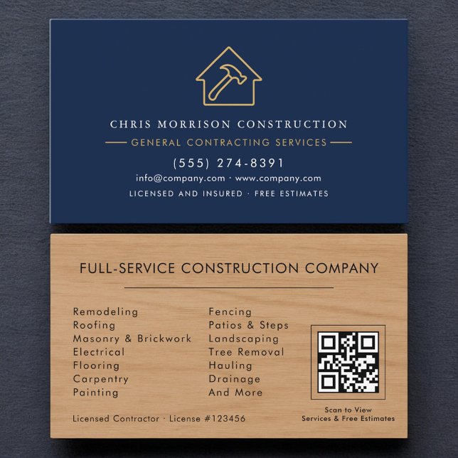 Tarjeta De Visita General Contractor Navy Blue Wood QR Code (Subido por el creador)
