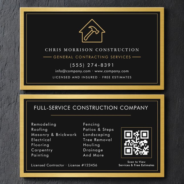 Tarjeta De Visita General Contractor QR Code Black & Gold Metallic (Subido por el creador)