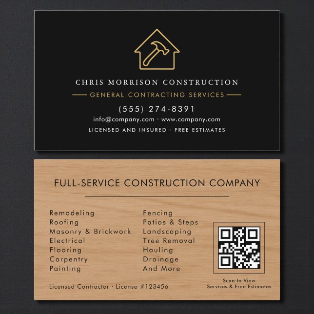 Tarjeta De Visita General Contractor Rustic Wood QR Code (Subido por el creador)