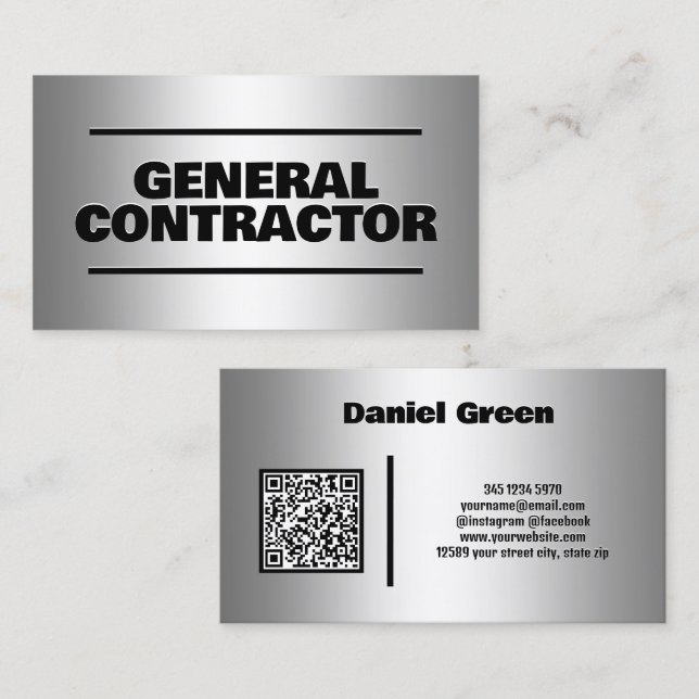 Tarjeta De Visita General Contractor Silver QR (Anverso / Reverso)