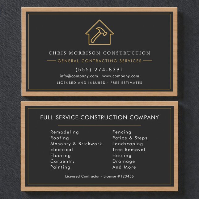 Tarjeta De Visita General Contractor Wood Black & Gold (Subido por el creador)