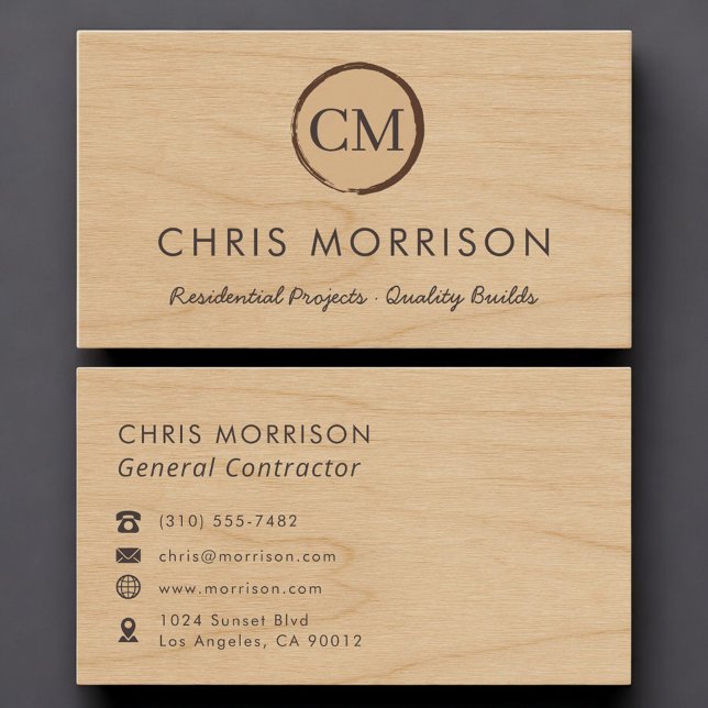 Tarjeta De Visita General Contractor Wood Monogram Professional (Subido por el creador)