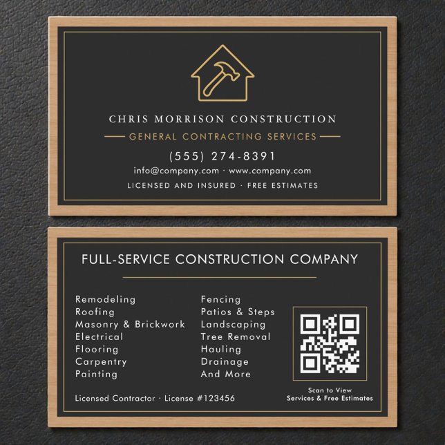 Tarjeta De Visita General Contractor Wood QR Code Black Gold  (Subido por el creador)