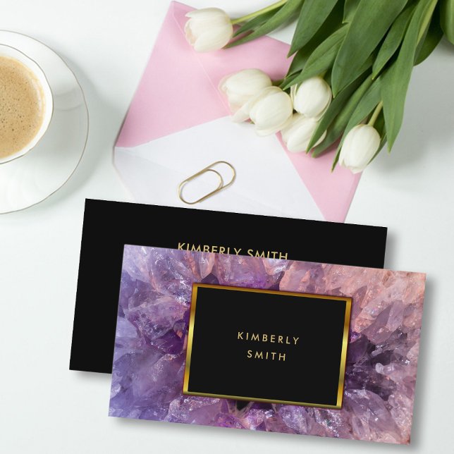 Tarjeta De Visita Génesis de amatista morada de oro de piedra gemela (Elegant purple amethyst gemstone, black and gold professional business card.)