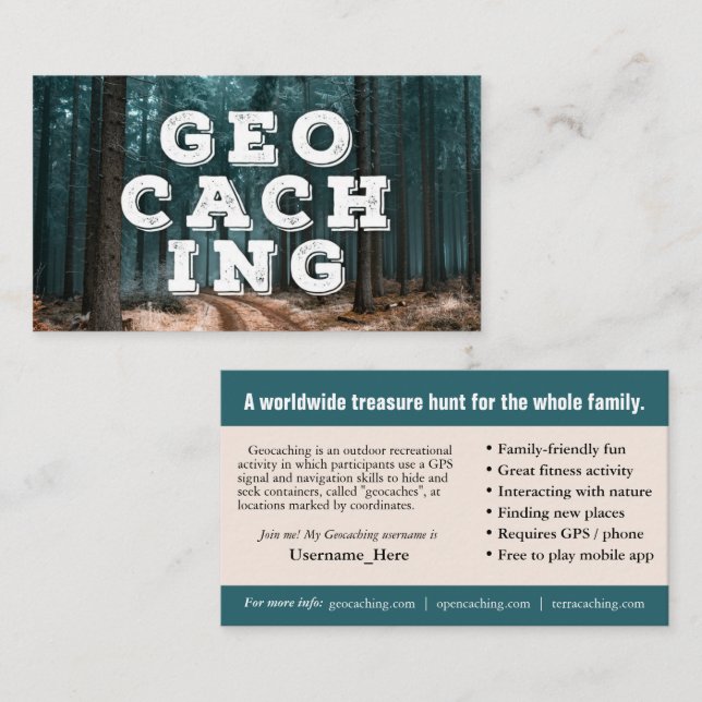 Tarjeta De Visita Geocaching Trail Card con Información Para Muggles (Anverso / Reverso)