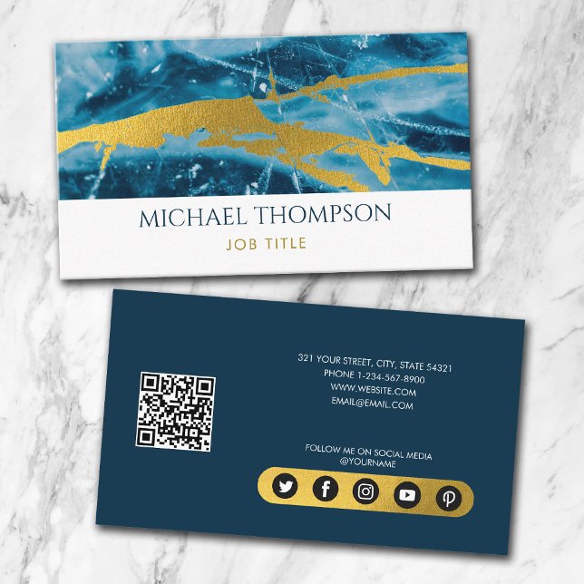 Tarjeta De Visita Geode Agate Blue Gold Social Media Código QR (Subido por el creador)