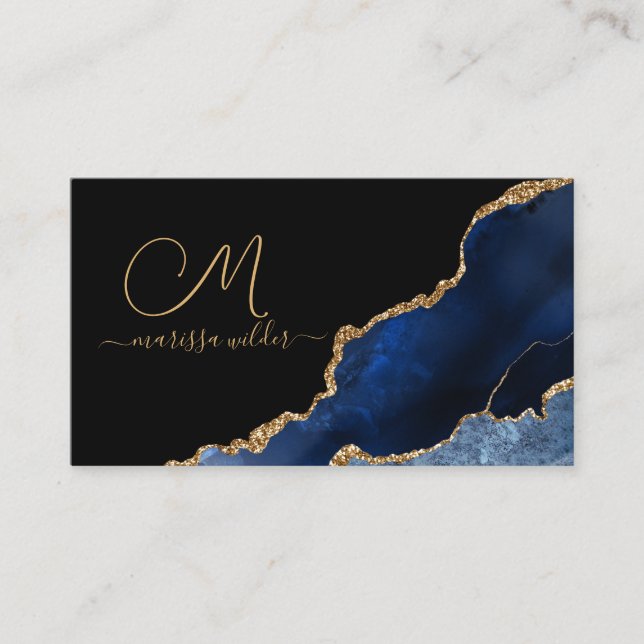 Tarjeta De Visita Geode de Agate Purpurina Blue Black Gold monograma (Anverso)