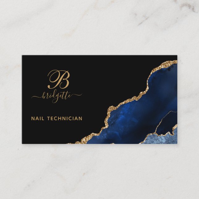 Tarjeta De Visita Geode Nail Technician Blue Gold Agate (Anverso)