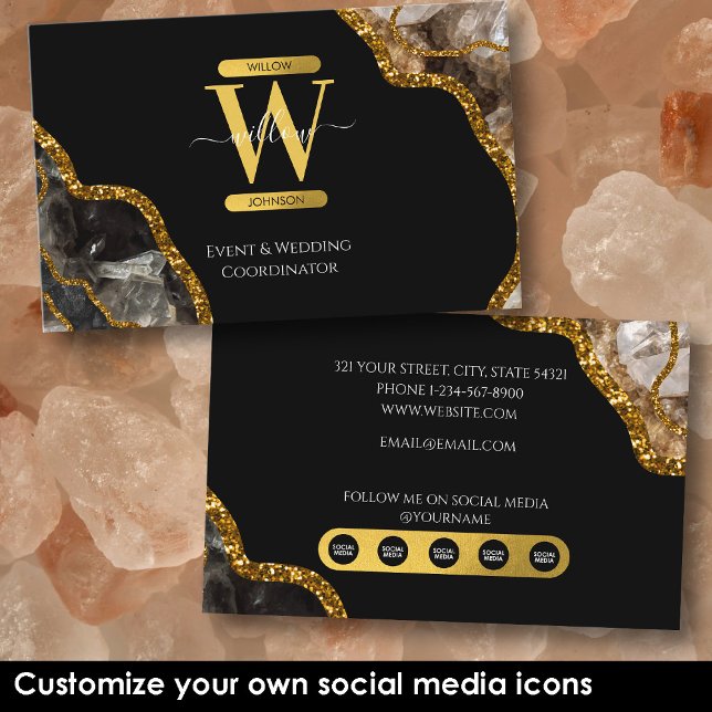 Tarjeta De Visita Geode Purpurina Black Gold Agate Marble Social Med (Black Gold Agate Geode Glitter Marble Social Media Business Card)