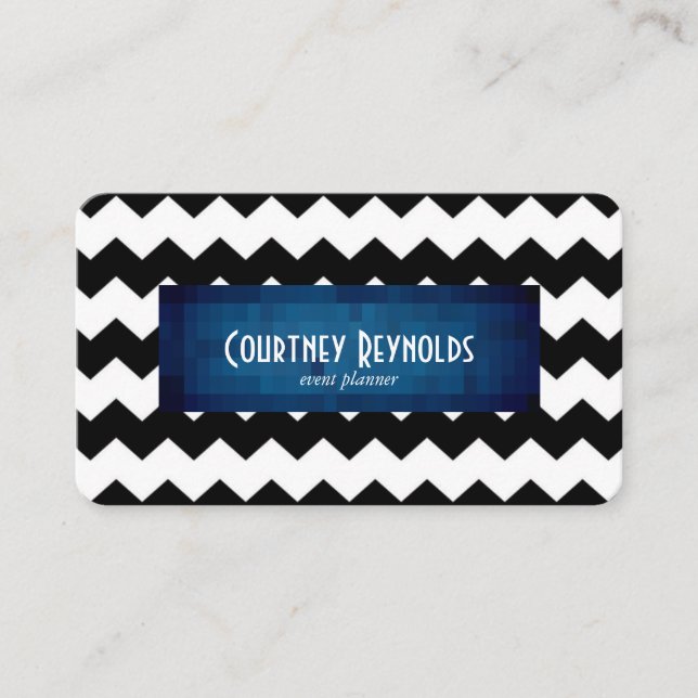 Tarjeta De Visita Geométrico azul de chevron negro y blanco retro (Anverso)