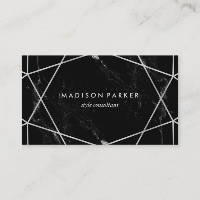 Tarjeta De Visita Geométrico de plata moderno en el mármol negro (Anverso)
