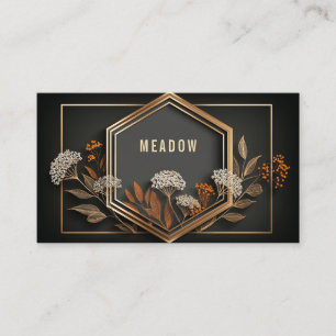 Tarjeta De Visita Geométrico Hexágono Floral Dorado Negro Medianoche