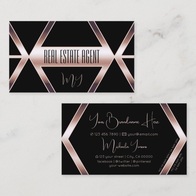 Tarjeta De Visita Geométrico negro brillante con oro Rosa y monogram (Anverso / Reverso)