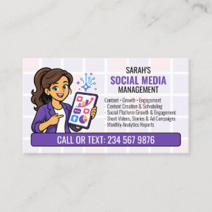 Tarjeta De Visita Gerente de Redes Sociales Purple QR Cartoon