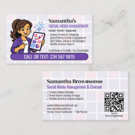 Tarjeta De Visita Gerente de Redes Sociales Purple QR Cartoon Girl