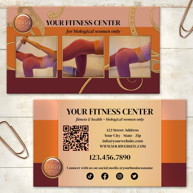 Tarjeta De Visita Gimnasio Sólo Para Mujeres (Business card in warm earth tones with your photos, QR code, logo and social media icons)