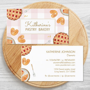 Tarjeta De Visita Gingham Pattern Watercolor Pastry Chef Bakery