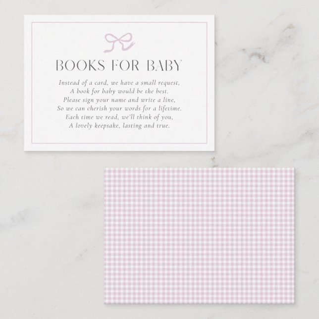 Tarjeta De Visita Gingham Pink Bow Baby Baby Shower Books para B (Anverso / Reverso)