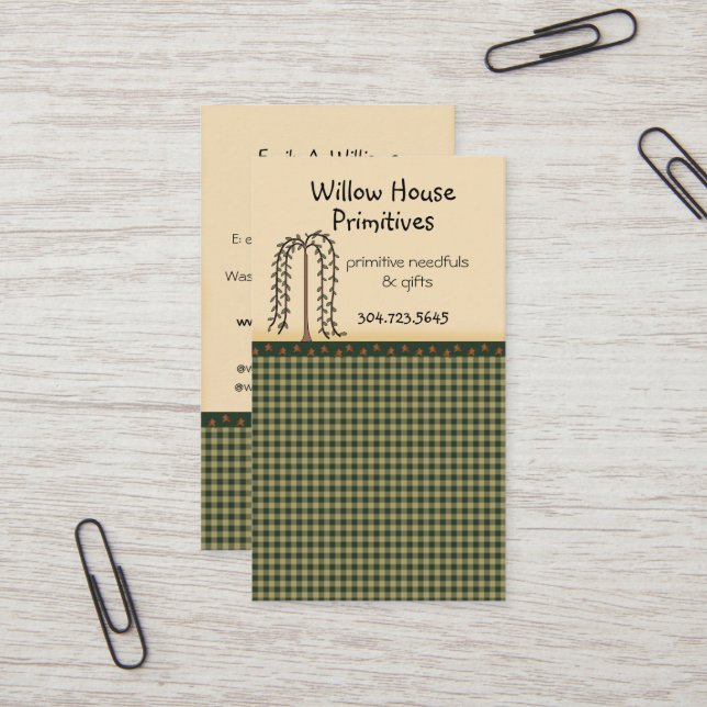 Tarjeta De Visita Gingham y Stars Willow Tree Primitive Country (Anverso/Reverso In Situ)