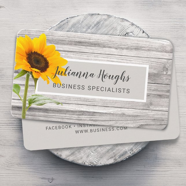Tarjeta De Visita Girasol de Impresión de Madera Rústica (Rustic Faux Wood Texture Sunflower Business Card)