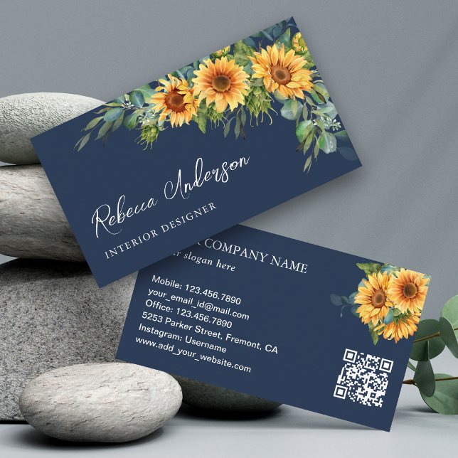 Tarjeta De Visita Girasoles Rústicos Eucalipto Azul Marino Código QR (Subido por el creador)
