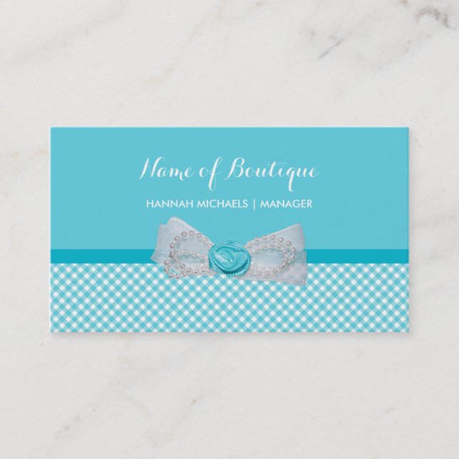 Tarjeta De Visita Girly Boutique Aqua Gingham Cute Pearls Rosa Bow (Anverso)
