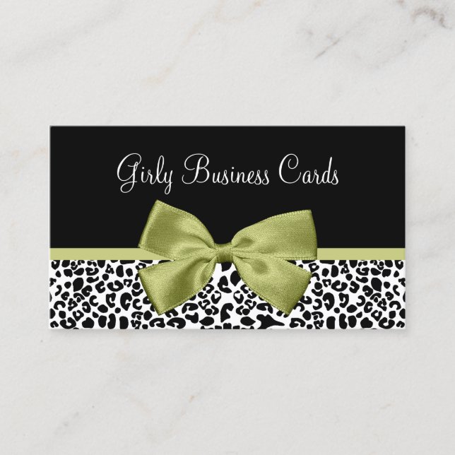 Tarjeta De Visita Girly Boutique Leopard Print Stylish Green Bow (Anverso)