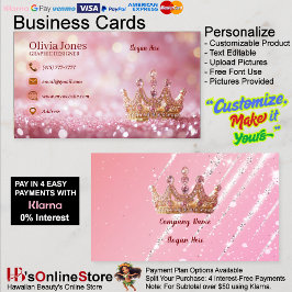 Tarjeta De Visita Girly Business Trendy Glitter Elegant Crown QRCode