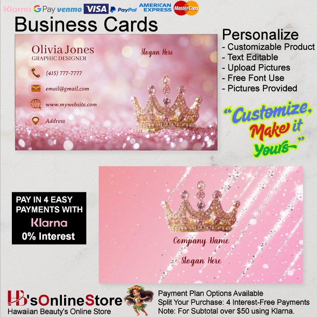 Tarjeta De Visita Girly Business Trendy Glitter Elegant Crown QRCode (Girly Business Trendy Glitter Elegant Crown QRCode Card.)