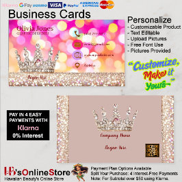 Tarjeta De Visita Girly Business Trendy Purpurina Elegante Crown QRC