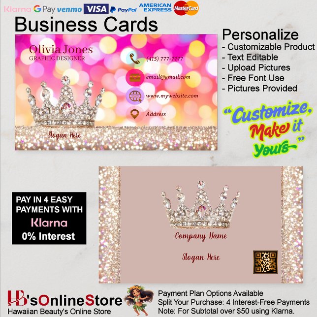 Tarjeta De Visita Girly Business Trendy Purpurina Elegante Crown QRC (Girly Business Trendy Glitter Elegant Crown QRCode Business Card 29.
)