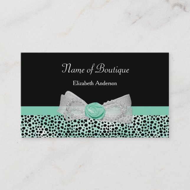 Tarjeta De Visita Girly Cheetah Print Boutique Cute Mint Bow (Anverso)