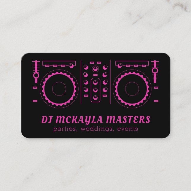 Tarjeta De Visita Girly DJ Disk Jockey Neon Pink and Black Turnable (Anverso)