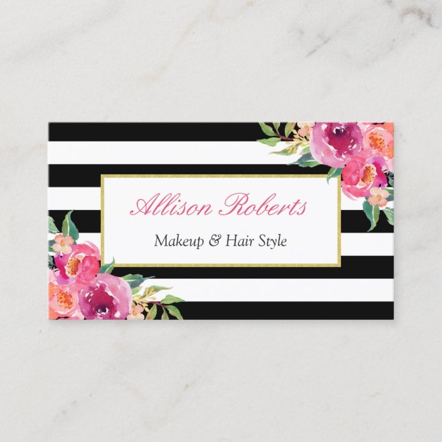 Tarjeta De Visita Girly Fuchsia Floral Makeup Artista Salón De Belle (Anverso)