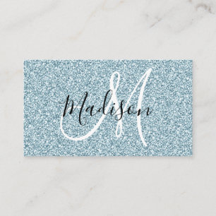 Tarjeta De Visita Girly & Glam Azul Plateado Brillo Monograma