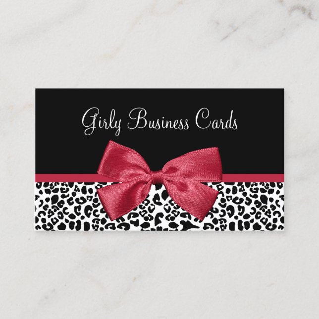 Tarjeta De Visita Girly Leopard Print Boutique Cute Red Ribbon (Anverso)