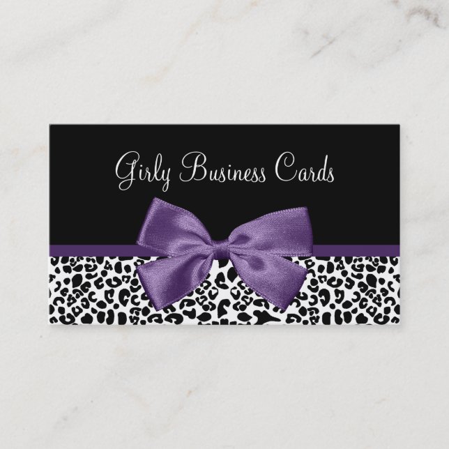 Tarjeta De Visita Girly Leopard Print Trendy Purple Ribbon (Anverso)
