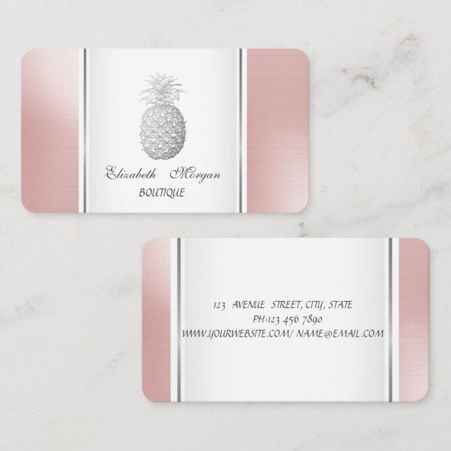 Tarjeta De Visita Girly Trendy Moderno Silver Pineapple Tropical (Anverso / Reverso)